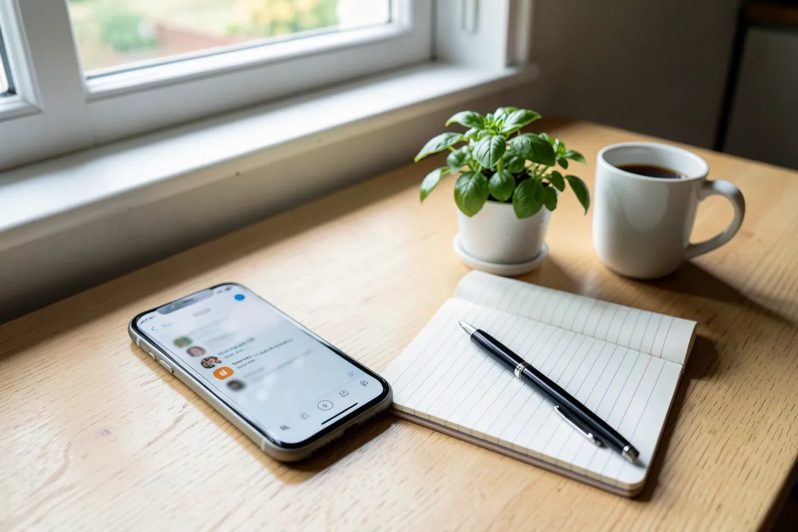 Smartphone, Notizblock und Kaffeetasse auf einem Küchentisch