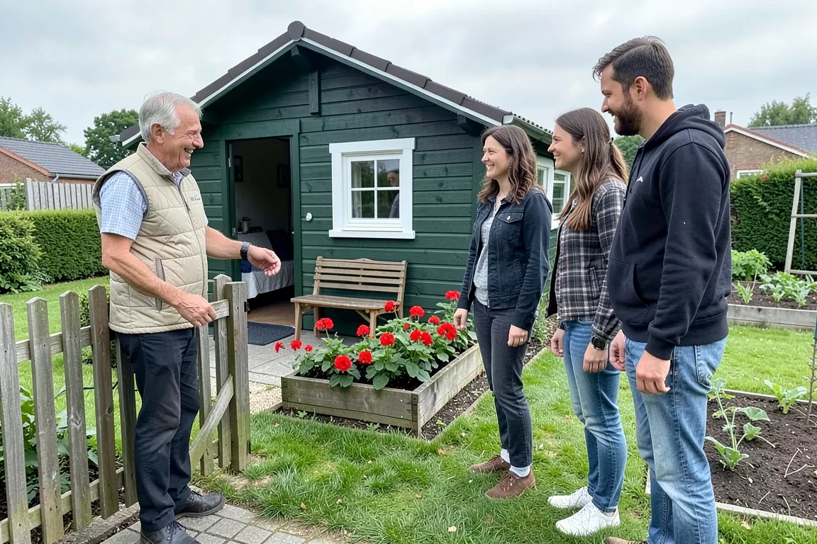Vorstandsmitglied zeigt Interessenten eine Parzelle mit Gartenlaube