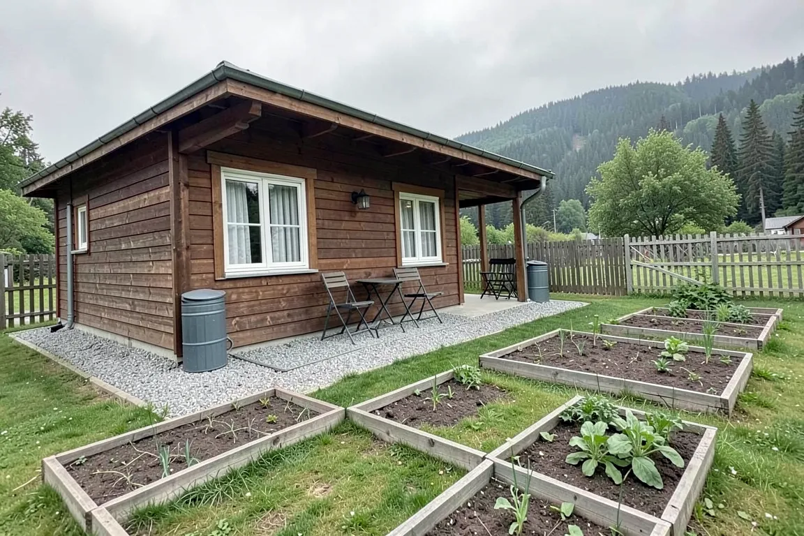 Freie Parzelle mit gepflegter Gartenlaube und leeren Beeten