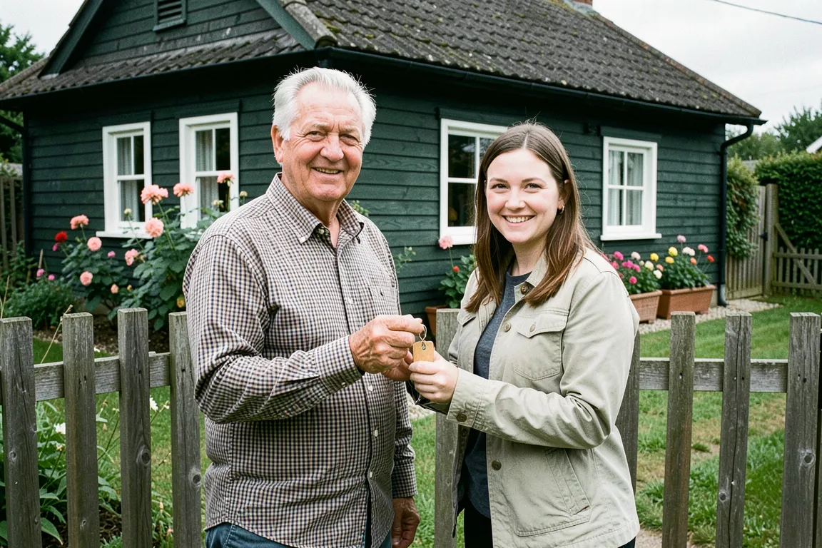 Schlüsselübergabe am Gartentor vor einer Gartenlaube