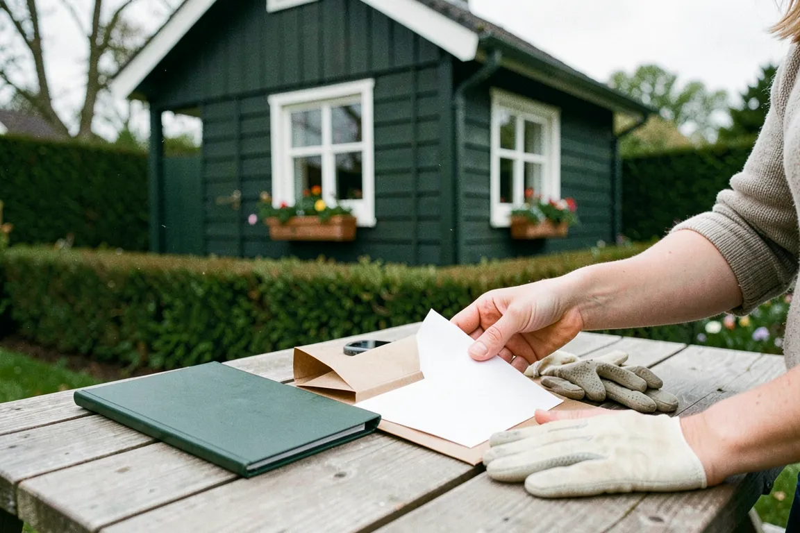 Unterlagen werden auf einem Gartentisch in einen Umschlag gesteckt