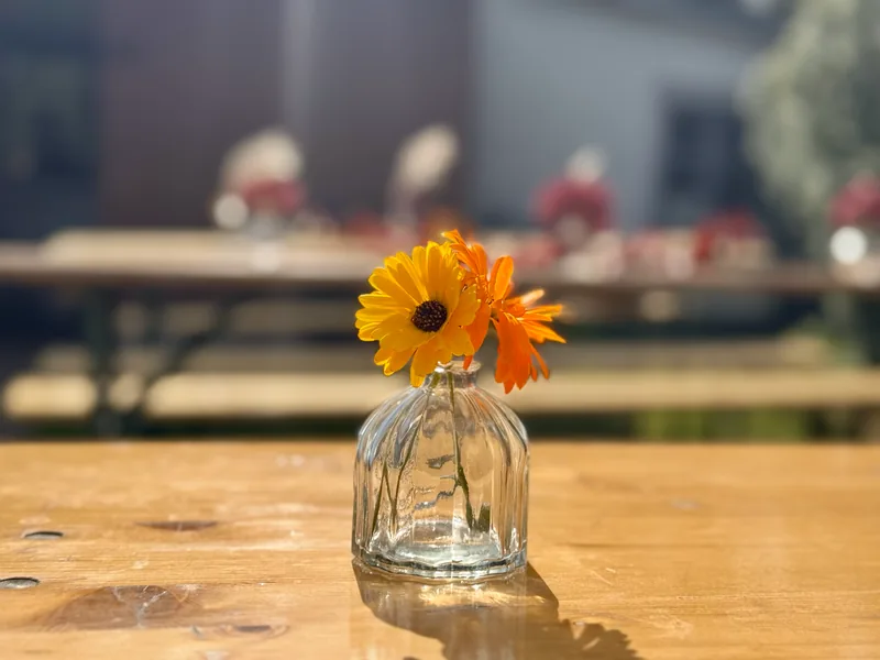 Gelbe und orangefarbene Blumen in einer Glasvase auf einem Tisch im Außenbereich